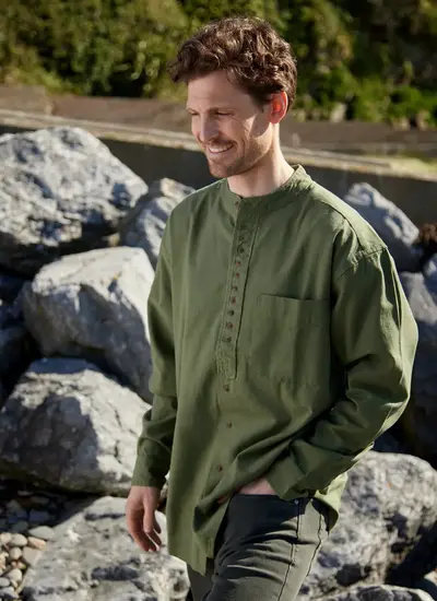 Andrew Cotton Linen Grandfather Shirt in Olive